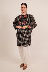 Black Cotton Shibori Print and Sequin Embroidered Top